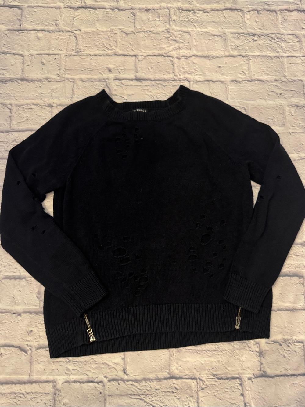 Express Black Distressed Crewneck Sweater with Hem Zippers